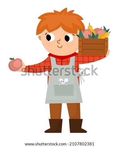 Vector farmer standing with harvest in the wooden box. Cute kid doing agricultural work icon. Rural country character. Child vendor in apron with apples. Funny farm illustration with cartoon boy 
