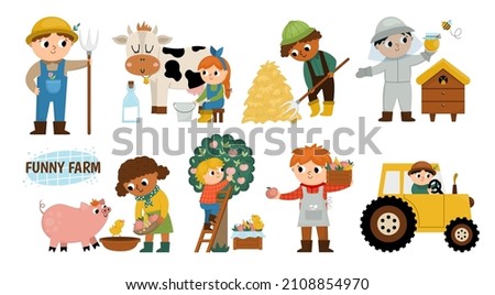 Vector farmers set. Cute kids doing agricultural work. Rural country scenes. Children gathering hay, feeding animals, beekeeping, milking cow. Cartoon boys and girls. Funny farm illustrations
