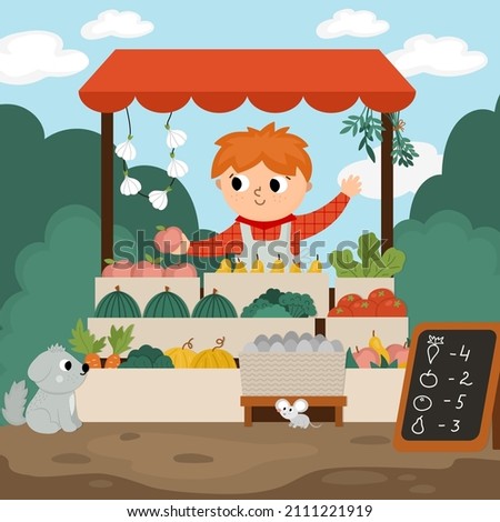 Vector farmer selling fruit and vegetables in a street stall. Cute farm market scene. Rural country landscape. Child vendor in booth. Funny farm cartoon salesman illustration
