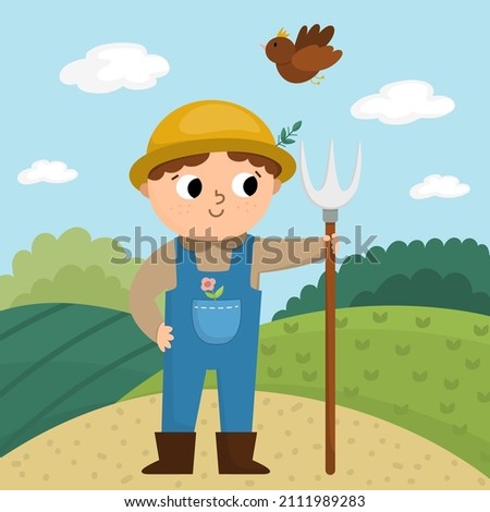 Vector scene with farmer standing with hayfork. Cute kid doing agricultural work. Rural country landscape. Child gathering hay. Funny farm cartoon boy illustration with field background
