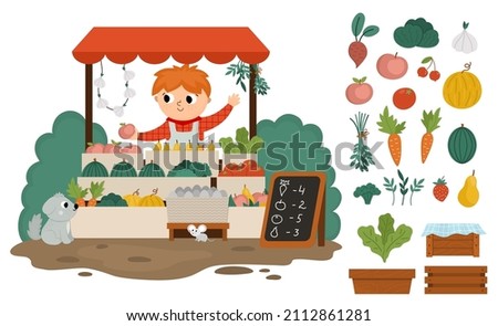 Vector farmer selling fruit and vegetables in a street stall icon. Cute farm market scene. Rural country landscape. Child vendor in booth. Funny farm cartoon salesman illustration

