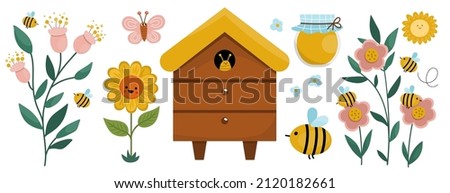 Vector apiary icons collection. Farm honey making set. Cute beekeeping concept illustration with beehive, flowers, sunflower, flowers, jar, butterfly, sun. Bee house element.
