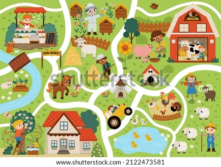 Farm village map. Country life background. Vector rural area scenes infographic elements with animals, children, barn, tractor. Countryside plan with field, pasture, apiary, cottage, garden, market
