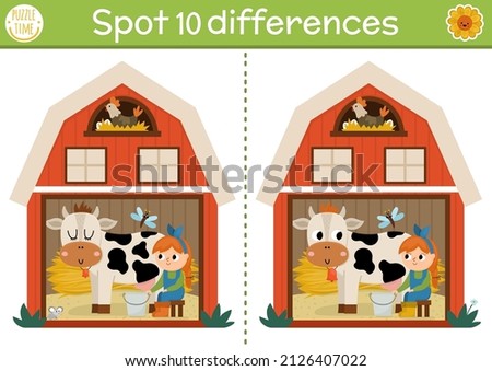 Find differences game for children. On the farm educational activity with cute barn house, girl milking cow. Farm puzzle for kids with rural farm shed. Village printable worksheet or page
 Foto d'archivio © 