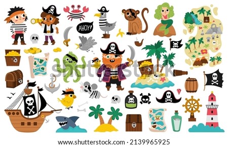 Vector pirate set. Cute sea adventures icons collection. Treasure island illustrations with ship, captain, sailors, chest, map, parrot, monkey, map. Funny pirate party elements for kids.
 Foto stock © 