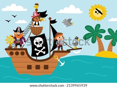 Vector pirate ship scene. Raider vessel with pirates sailing to the treasure island with palm trees. Treasure hunt illustration with sea, sun, sky, shore. Sea landscape for picture book 
