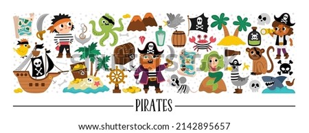 Vector pirate horizontal set with sailors and animals. Sea adventures card template or treasure island design for banners, invitations. Cute illustration with ship, octopus, mermaid, seagull
