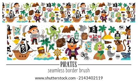 Vector pirate horizontal seamless border brush with sailors and animals. Sea adventures horizontal repeat background or treasure island design. Cute illustration with ship, octopus, mermaid
