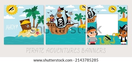 Vector treasure island landscape cards set. Pirate party scenes collection with uninhabited isle, treasure chest, palm trees. Cute summer landscape square backgrounds. Marine picture for kids
