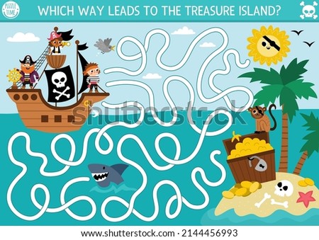 Pirate maze for kids with marine landscape, ship, treasure island. Treasure hunt preschool printable activity with chest, coins, shark, sun, palm trees. Sea adventures labyrinth game or puzzle
