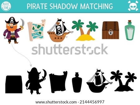 Pirate shadow matching activity. Treasure island hunt puzzle with cute pirate, map, ship, island, chest. Find correct silhouette printable worksheet or game. Sea adventures page for kids
