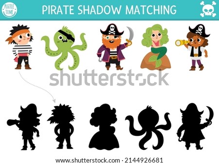 Pirate shadow matching activity. Treasure island hunt puzzle with cute pirates, mermaid, octopus. Find correct silhouette printable worksheet or game. Sea adventures page for kids
