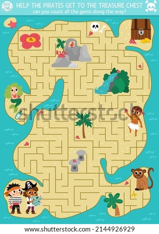 Pirate maze for kids with tropical treasure island and cute kid pirates. Treasure hunt preschool printable activity. Sea adventures labyrinth game or puzzle with chest, map, mermaid
