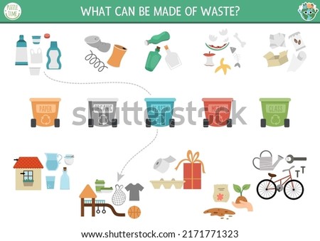 Ecological matching activity with waste sorting concept. Earth day puzzle. Printable worksheet or game. Sort out garbage. Eco awareness page for kids with rubbish bins. What can be made of waste?
