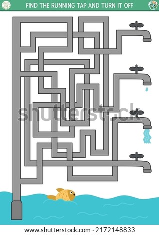 Ecological maze for children with water saving concept. Earth day preschool activity with running tap. Eco awareness labyrinth game with water pipes, faucets, fish
