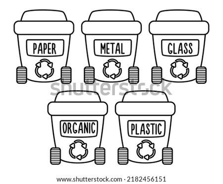 Vector black and white waste sorting bins icon. Line organic, paper, metal, glass, plastic garbage box. Earth day or zero waste ecological concept. Rubbish or junk recycling containers coloring page