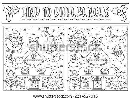 Christmas black and white find differences game for children. Attention skills activity with cute Santa Claus, house, tree, snowman. New Year line puzzle or coloring page for kids
