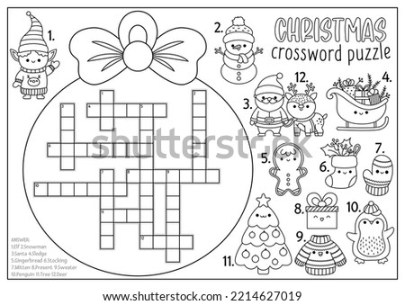 Vector Christmas black and white ball shaped crossword puzzle for kids. Winter kawaii line holiday quiz for children. Educational activity or coloring page. Cute New Year English language cross word
