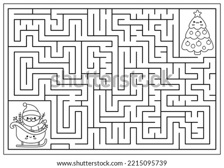 Christmas black and white maze for kids. Winter line holiday preschool printable activity with cute kawaii Santa Claus on sleigh, decorated tree. New Year labyrinth game, puzzle or coloring page
