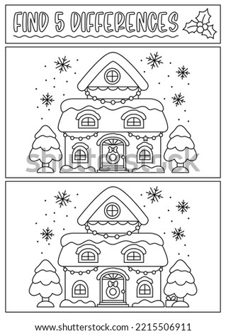 Christmas black and white find differences game for children. Attention skills activity with cute decorated house, tree, snow and snowflakes. New Year line puzzle or coloring page for kids
