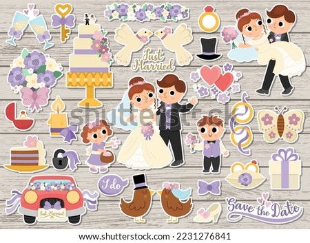 Big vector wedding stickers set. Marriage ceremony patches icons collection with funny just married couple, bride, groom, bridesmaids, cake. Cute matrimonial illustrations on wooden background
