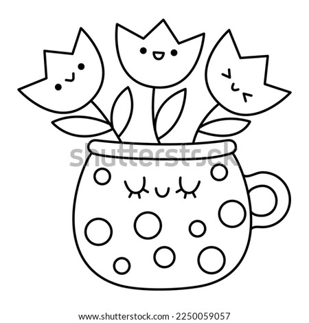 Vector black and white kawaii pot with tulips icon for kids. Cute line Easter symbol illustration or coloring page. Funny cartoon character. Adorable spring clipart with smiling cup and flower
