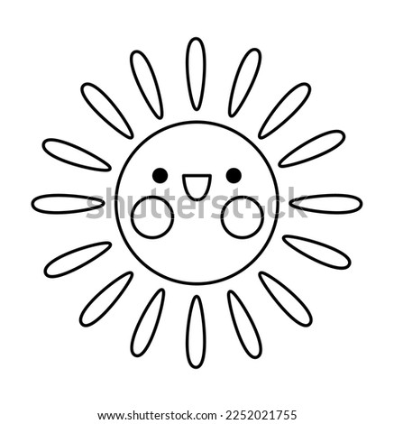 Vector black and white kawaii sun icon for kids. Cute line weather element symbol illustration or coloring page. Funny smiling cartoon character. Adorable planet clipart 

