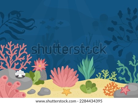 Vector under the sea landscape illustration. Ocean life scene with sand, seaweeds, stones, corals, reefs. Cute horizontal water nature background. Aquatic picture for kids
