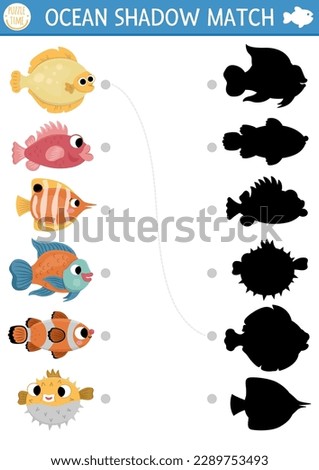 Under the sea shadow matching activity with fish. Ocean puzzle with cute flounder, bass, clownfish, blowfish. Find correct silhouette printable worksheet or game. Water animals page for kids
