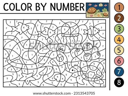Vector under the sea color by number activity with turtle and baby. Ocean life scene. Black and white counting game with water animal. Coloring page for kids with underwater landscape
