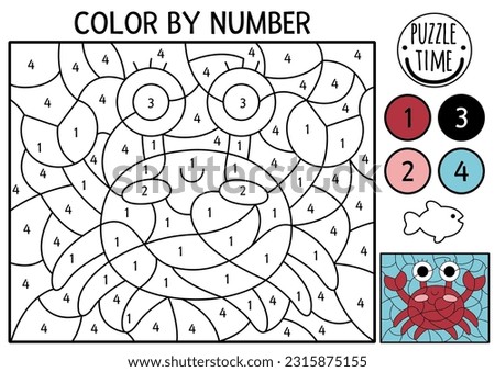 Vector under the sea color by number activity with red crab. Ocean life scene. Black and white counting game with water animal. Coloring page for kids with underwater landscape
