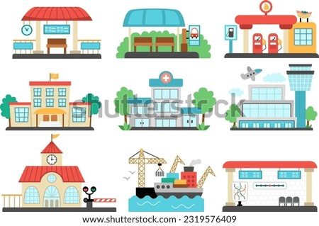 Vector city transportation places set. Bus stop, metro, railway, gas station clipart. Cute flat hospital, school, airport, seaport icons. Funny public transport destination points for town map
