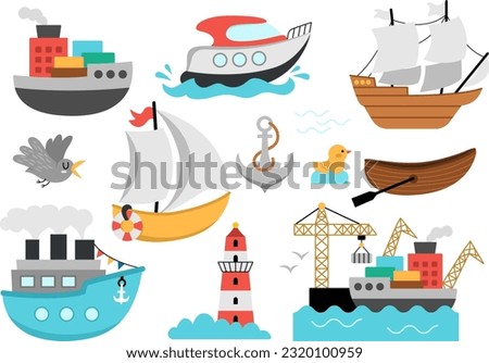 Vector water transport set. Funny nautical transportation collection with ship, boat, steamship, yacht, seaport clip art for kids. Cute marine vehicles icons with anchor, lighthouse, seagull