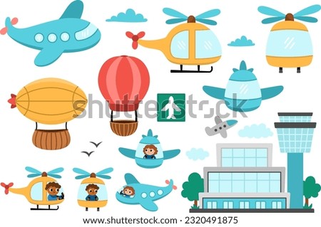 Vector air transport set. Funny transportation collection with plane, zeppelin, helicopter, hot air balloon, clouds, airport clip art for kids. Cute airborne vehicles icons with front and side view