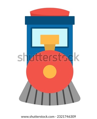 Vector blue steam train front view. Funny locomotive or engine with yellow wagons for kids. Cute vehicle clip art. Public transport icon isolated on white background
