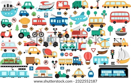 Vector transportation set. Funny water, land, air underground transport collection for kids. Cars and vehicles clipart. Cute train, truck, fire engine, metro, bus, plane, helicopter, road signs icons