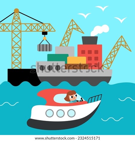 Vector square scene with girl sailing on speedboat and seaport. Transportation illustration. Cute kid driving transport. Water vehicle landscape. Cartoon child on a boat
