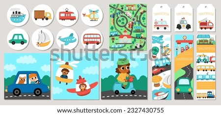 Cute transportation cards set with bus, car, boat, truck. Vector cartoon road trip square, round, vertical print templates. Transport design for tags, ads with bike, plane, signs, train, road map