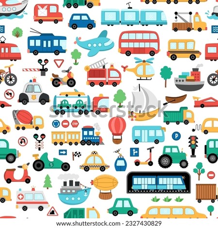 Vector transportation seamless pattern. Funny water, land, air underground transport repeat background for kids. Cars and vehicles digital paper. Cute texture with train, truck, ship
