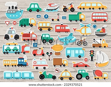 Big vector transportation stickers set. Transport patch icons collection with funny bus, car, boat, truck. Cute cartoon road way illustrations on wooden background with scooter, plane, signs, train
