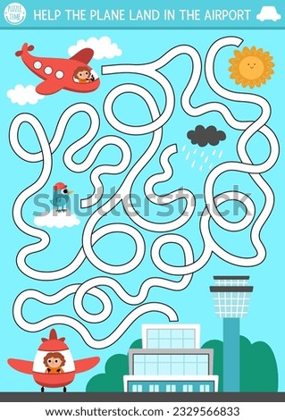 Transportation maze for kids with city landscape and airplane. Urban transport preschool printable activity. Labyrinth game or puzzle with aircraft and pilot. Help the plane land in the airport

