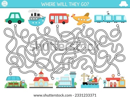 Transportation maze for kids with air, water, land, railway transport. Urban preschool printable activity. Labyrinth game or puzzle with car, train, ship, train, plane. Help the bus get to last stop
