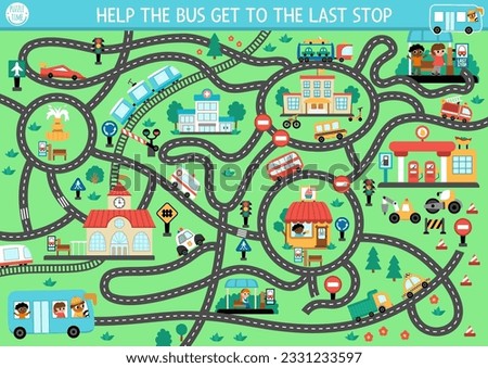Transportation maze for kids with city landscape, cars, passengers, places. Urban transport preschool printable activity. Labyrinth game or puzzle with roads, rails. Help the bus get to last stop
