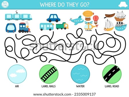 Transportation maze for kids with different kinds of transport, places thy go. Air, land, water transport preschool printable activity. labyrinth game or puzzle with train, cars, planes, ship
