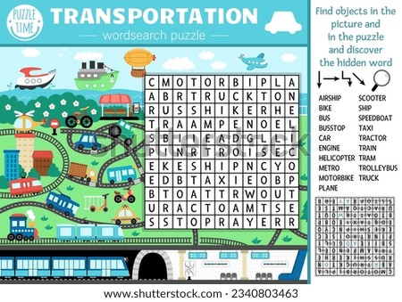 Vector transportation wordsearch puzzle for kids. Simple word search quiz with city landscape. Educational activity with plane, ship, car, bus, train, tram. Cross word with urban map