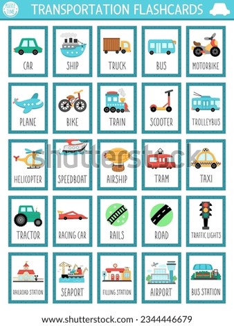 Vector big transportation flash cards set with car, helicopter, tram, taxi. English language game with cute transport and places for kids. Vehicles flashcards. Simple educational printable worksheet
