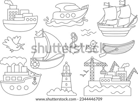 Vector black and white water transport set. Funny nautical transportation collection with ship, boat, steamship, yacht, seaport clip art, coloring page for kids. Cute marine vehicles icons
