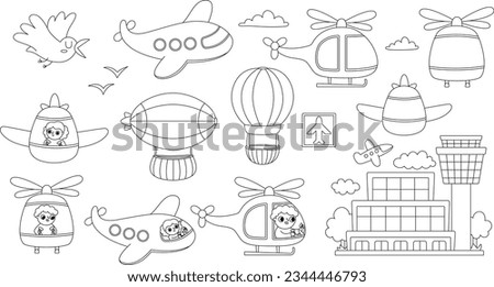 Vector black and white air transport set. Funny transportation collection with plane, zeppelin, helicopter, hot air balloon, airport clip art for kids. Cute airborne vehicles icons, coloring page
