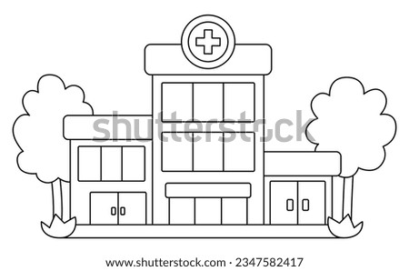 Vector black and white hospital building icon with trees isolated on white background. Medical clinic flat line illustration. Health care concept or coloring page
