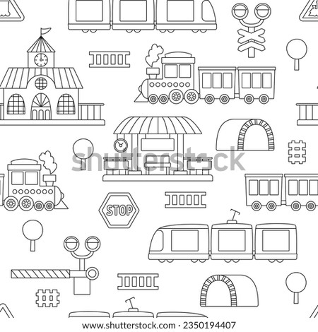 Vector black and white railway transport seamless pattern. Funny line railroad transportation repeating background with train, steam train, tunnel for kids. Cute rail vehicles coloring page
